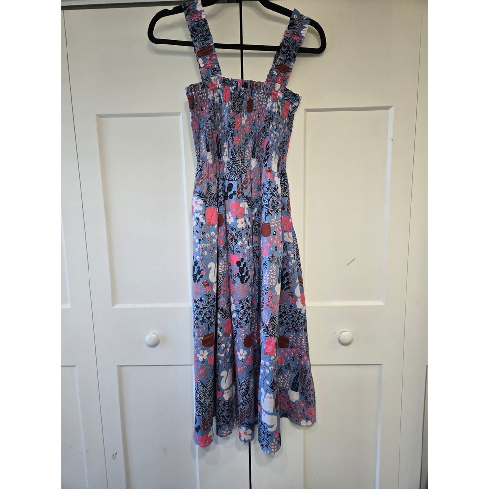 Kate Spade Floral Swan Print Smocked Bodice Ruffle Strap Cotton Midi Dress XS